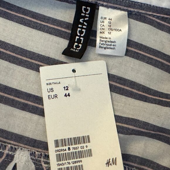 H&M V-Neck 100% Cotton Woven Striped Tunic Shirt, White & Blue with Pink, 12 - Picture 13 of 15